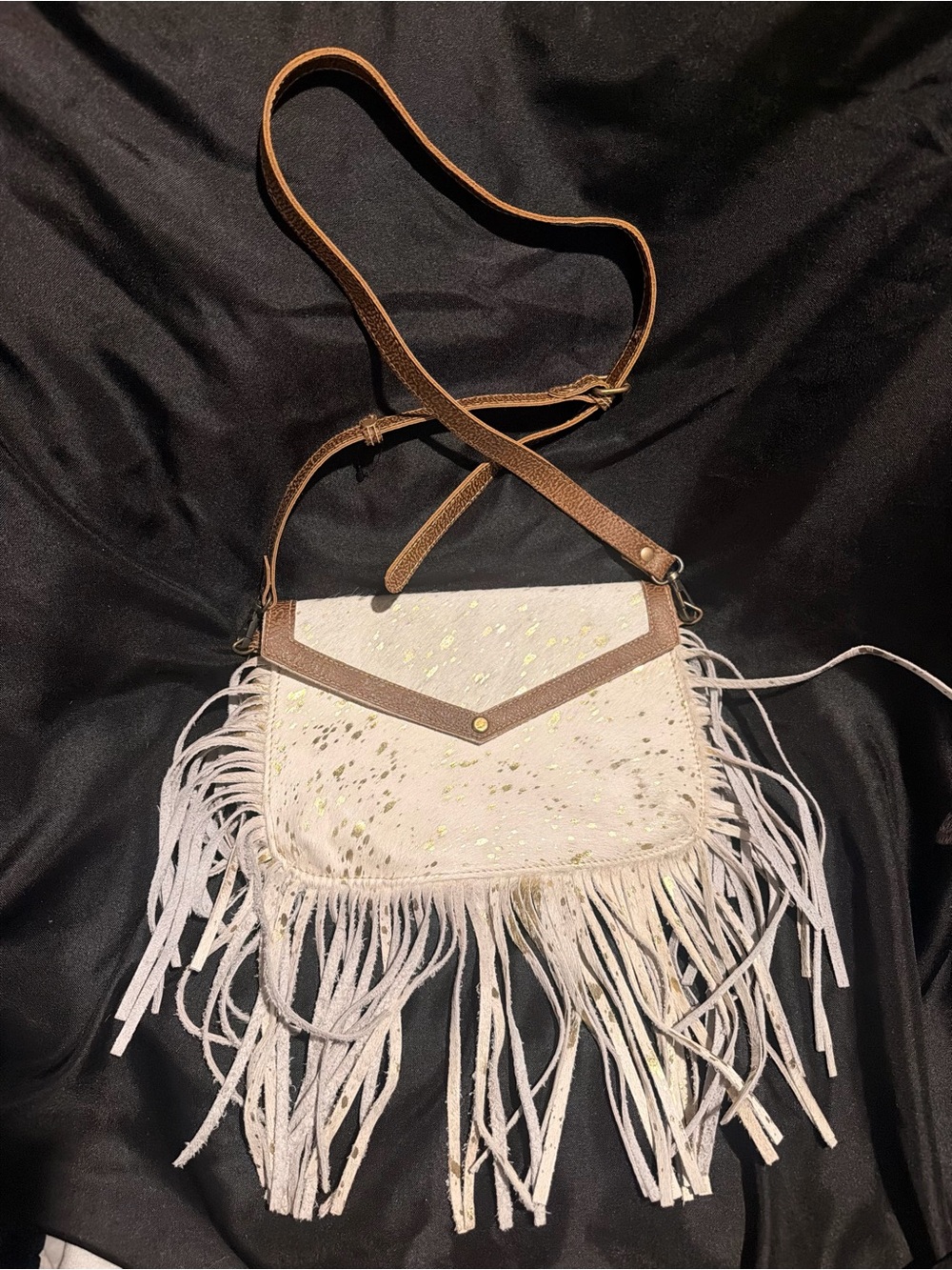 Myra Bag White Fringe Crossbody with Brown Trim and Gold Fleck
